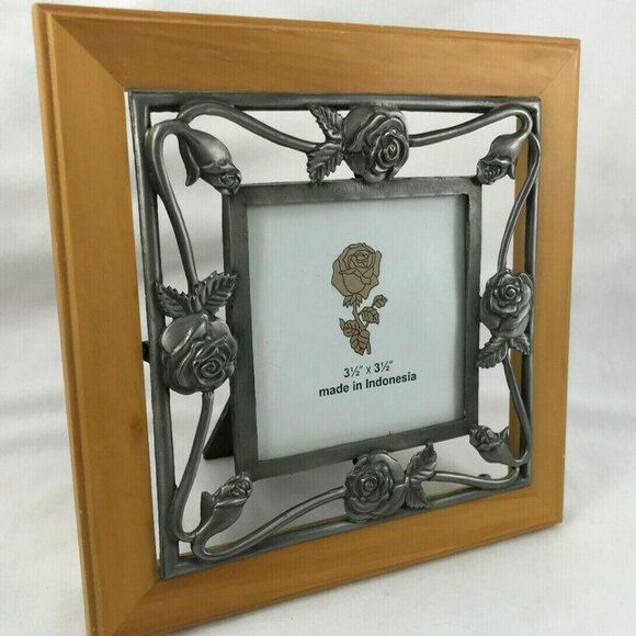 Wood & Metal Rose Pattern Desktop 3.5" Square Picture Frame Made in Indonesia - Picture 1 of 4